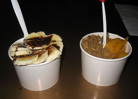 Mine on the left: Chocolate & caramel with bananas; Josie's on the right with peaches & brown sugar, baby....