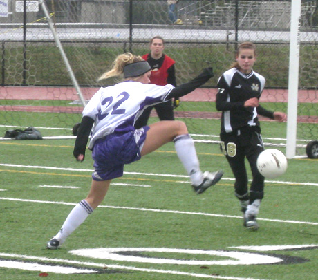 Senior forward Emma Ytander settles the high pass in front of the Meridian goal in the second half.