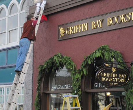That's Ken hanging the wreaths at Griffin Bay Bookstore this past weekend....