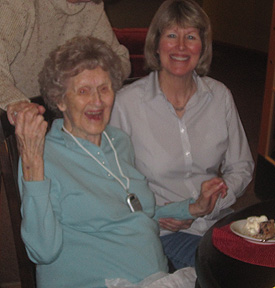 Mrs. Pinion with her daughter, islander Pauline Mulligan at her 100th birthday.