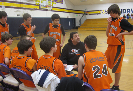 Coach Fred Woods gets the guys ready for the second quarter of the Granite Falls game.