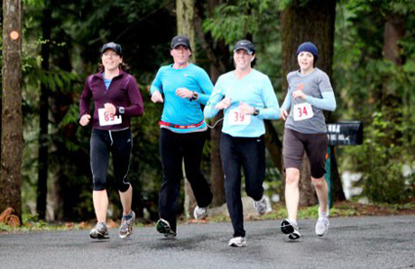 That's Shannon, Meghan, Stacie, and Susan in the middle of the run, in a photo by Jimmy Farrell. The four came in first in Sunday's run.
