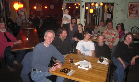 When I got through playing last Thursday at Pazzo Vivo's open mike, I took this quick shot of the crowd in front of the stage, from the stage: (from left): Ed (in red), Hobbes, Chuck, Canyon (in the air), Cecil, Britt, Ian, Bill & Jeff, Kirk, Donna & Donna. Thanks, guys!