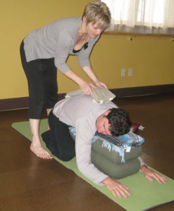 Stephanie with Adam in the restorative yoga class...