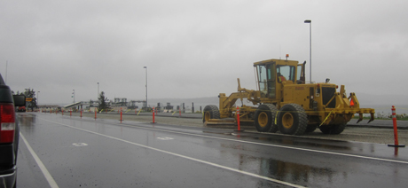 They're working on re-paving the ferry lanes over in Anacortes, several lanes at a time (this was on Wednesday's drizzly morning this week)....the WSF folks there say this isn't slowing anything up, though. They just use different lanes...