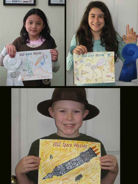 Children's Festival poster contest winners show off their work: Yasmin (top left, third place), Emily (first place), and Erich (second place).