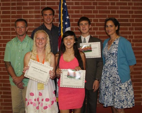 Roger Sandwith (Chaperone), Bree Swanson, Cameron Schuh, Maya Burt-Kidwell, Brodie Miller and Suzanne Olson (Chaperone) are recognized at the 2013 Youth Rally.