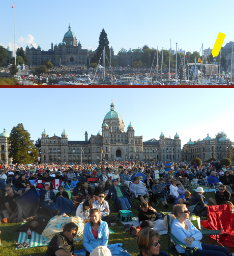 Kinda like Canada Day, BC Day (which was a three day weekend, last week) includes lots of music downtown, including the Victoria Symphony playing on a barge (yellow arrow) in the harbour for people on the Empress' lawn & the grass in front of Parliament...the fireworks at the end shook our windows, a mile away from the water.