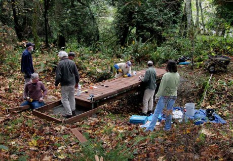 A volunteer work crew builds a puncheon across a seasonal creek on a hiking trail in the park's Westcott Bay land.