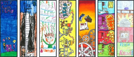 Winning bookmark designs, starting with Kindergarten at left and going up through 6th grade on the right
