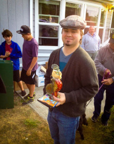 Josh Boland, (you may know him from Whidbey Island Bank) scored this cool Glass Rooster for his wife Micah at the Rummage Sale last Saturday - Jan Murphy photo