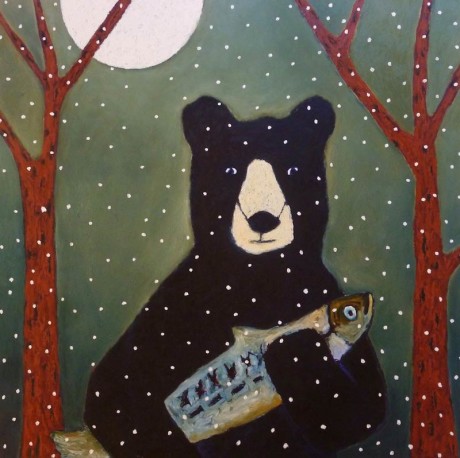Bear, Fish, Moon - 48" x 48" Oil on Panel, by Jaime Ellsworth