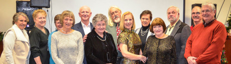 New 2015 Officers and Committee Chairs, left to right: Jo King, Pat Megaw, Susie Hendrix (hiding in back), Ann Jarrell, Bill Severson, Laura Severson, Chris Wilson, Rebecca Hughes, Susan Eberhard, Theresa Pratt, Terry Lush, Howard Lewis and on the far right, Commodore Don Hendrix - Tim Dustrude photo