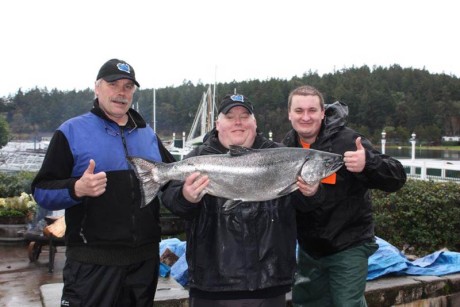Eric Reynolds was first up to weigh station on Friday at 9:15 am. His 21.13 was still wiggling on the scales and dominated the top spot until late Friday afternoon!   Eric and his fishing buddies were participating on a Silver Horde Pro-Staff boat. This was their first time fishing in the Roche Harbor Derby ~ think they said, â€˜theyâ€™ll be back!â€™  - Contributed photo