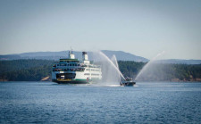 M/V Samish enters the harbor with "Sentinel" escorting on its first scheduled sailing last summer - Tim Dustrude photo