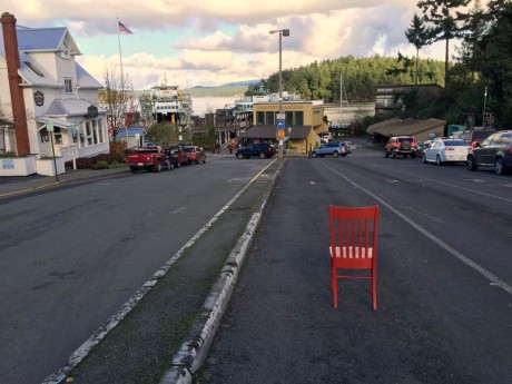 The Traveling Red Chair in line for the ferry - Contributed photo