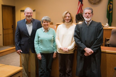 New members of the Public Hospital District board Bill Williams, Barbara Sharp, and Monica Harrington, and Superior Court Judge Don Eaton - Tim Dustrude photo