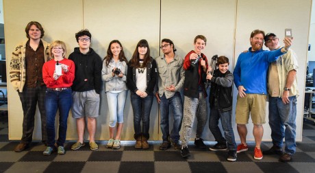 Left to right: Connor Von Kuetzing, mentor; Karen Palmer, Friday Harbor Film Festival, Kendrick Dong, Sage Grant, Gemma Richard, Robby Miller, Coulson McCullough, Leo Miller, Derek Smith, STEM Director and Fred Yockers, Spring Street Instructor (not pictured: Tawan Edholm, Julian Rich, Wesley Rich and Alex Frampton) – Tim Dustrude photo