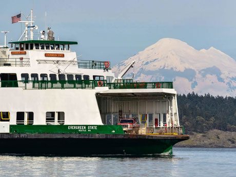 Washington State ferry Evergreen State passes in front of Mount Baker and Shaw Island on May 4, 2011, while entering Friday Harbor in the San Juan Islands - Aaron Shepard photo