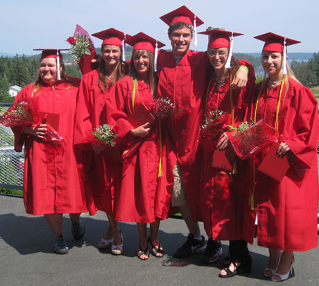 Skagit grads for 2009 collect after the ceremony: Renita Rhodes, Sara Totten, Lora Chorba, Josh Lehr, Nancy Brown, and Irina Bell (not pictured: Sarah Werling)