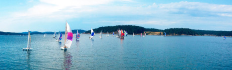 Sailboats in San Juan Channel participating in the annual Shaw Island Classic. Click to see it larger - Bob Stavers photo